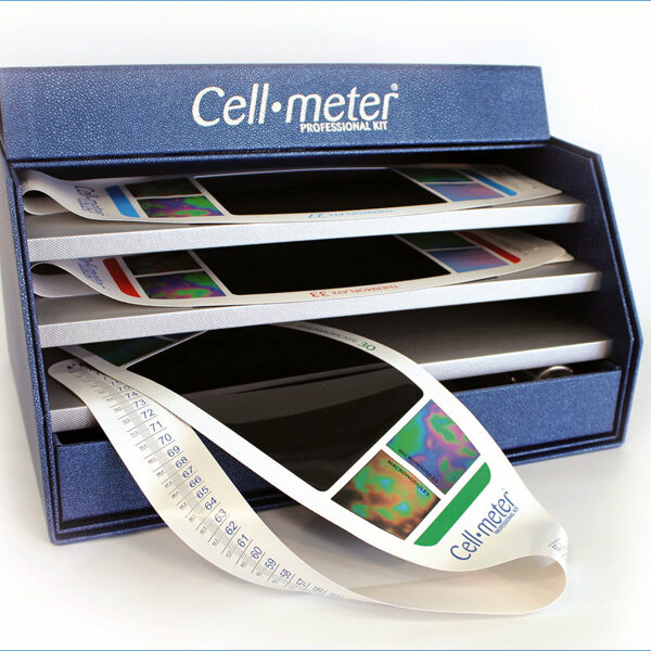 CELLMETER PROFESSIONAL KIT is intended for use in the professional beauty center and for medical aesthetic centers. Its reusable thermographic plates, available in three different thermal gradientrs, are provided with a useful measuring system to take the leg circumference while performing the thermographic test of cellulite. Futhermore, in order to facilitate the thermographic interpretation, the reference stages are printed directly on the plate.

Kit is composed of:
Plate-holder container size 44 x 37 x 13.5 cm for ELC plates protection and positioning
3 reusable thermographic plates reacting to following temperatures:
Plate RSW 27 temperature range from 26.5 to 30.5 °C
Plate RSW 30 temperature range from 29.5 to 33.5 °C
Plate RSW 33 temperature range from 32.5 to 36.5 °C
ITS – indicator to select the right thermographic plate.
Thermocleaner - detergent for thermographic plates
Professional guide to recognising and treating cellulite (I-GB-E-F)
poster 50 x 70 cm for thermographic image interpretation (I-GB-E-F)